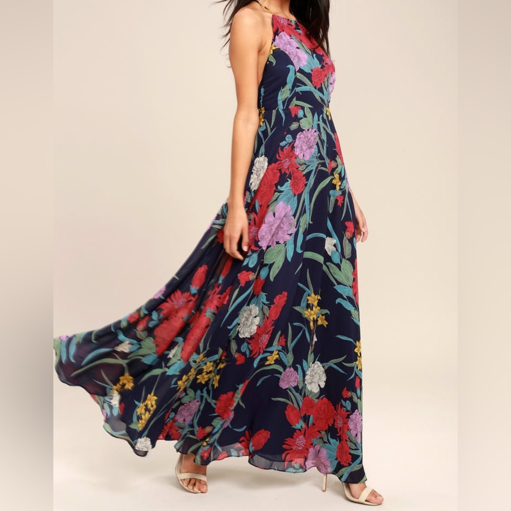 Lulus Navy Blue Floral Print Maxi Dress Size L NWT